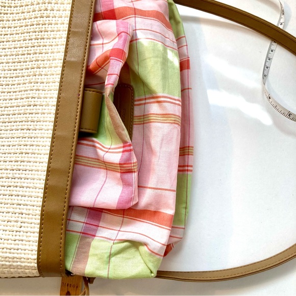 🌼Fossil vintage leather & woven straw shoulder bag w/key fob & pink plaid lining - Picture 5 of 9